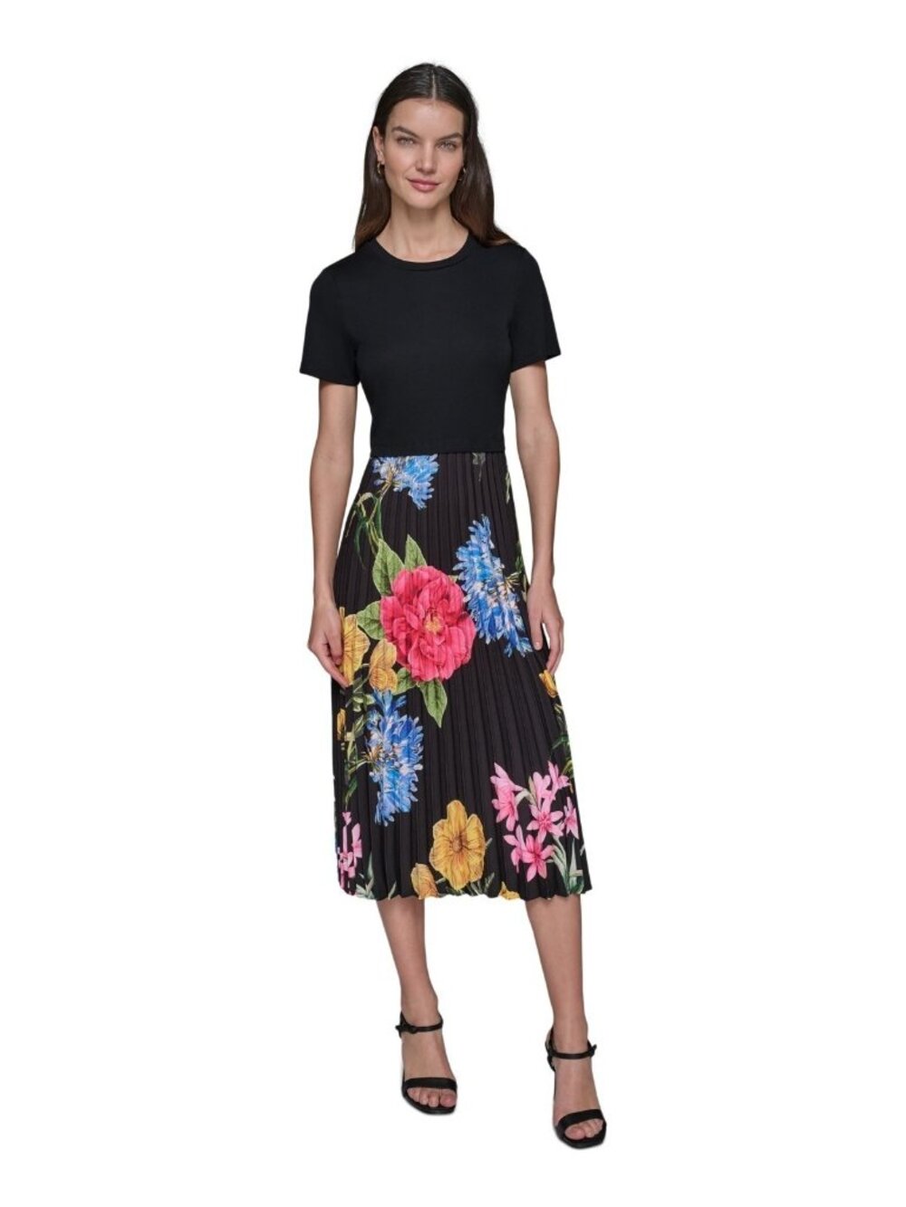 KARL LAGERFELD Women's Mixed-Media Short-Sleeve Midi Dress Black Size 6 $148